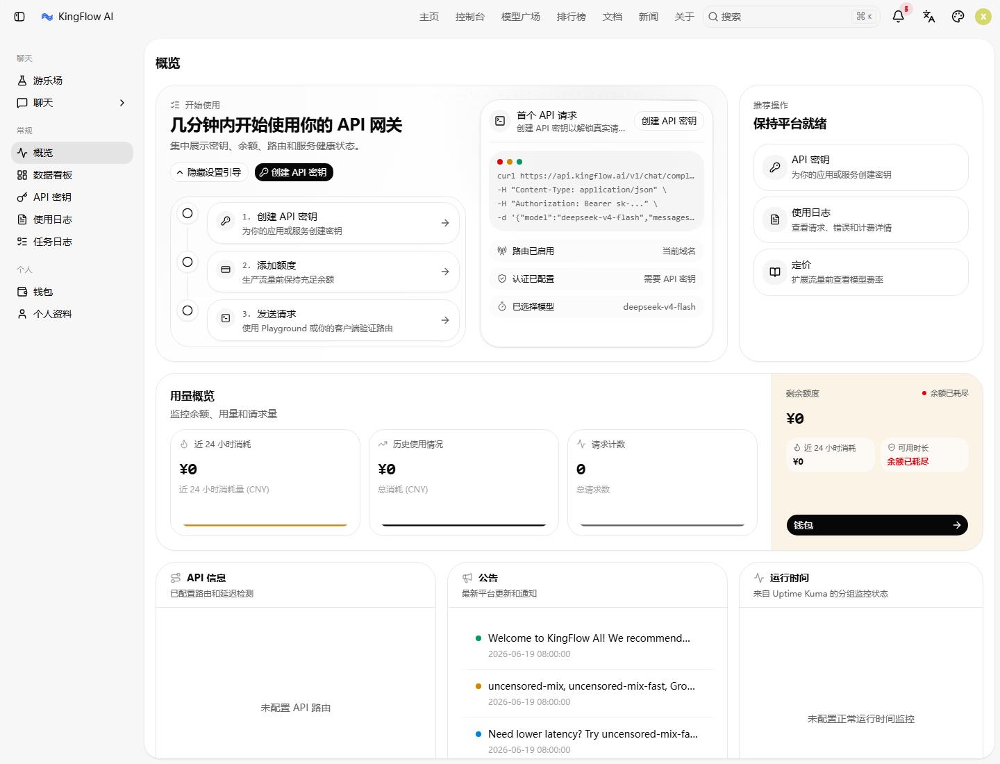 圖 2：控制臺概覽直接給出創建 Key、添加額度、發送請求的操作路徑