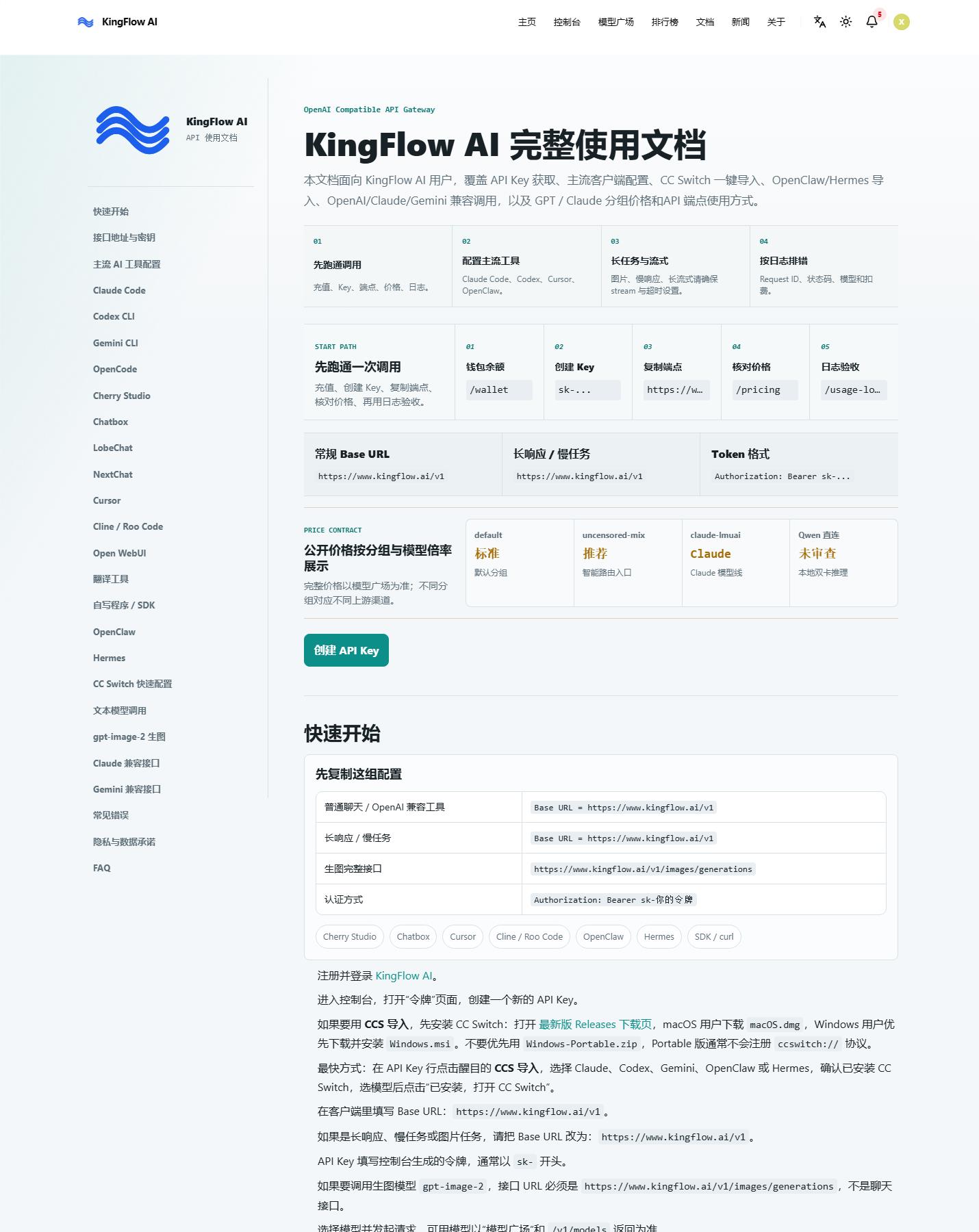 圖 4：文檔頁集中說明 Base URL、鑒權方式和主流工具配置