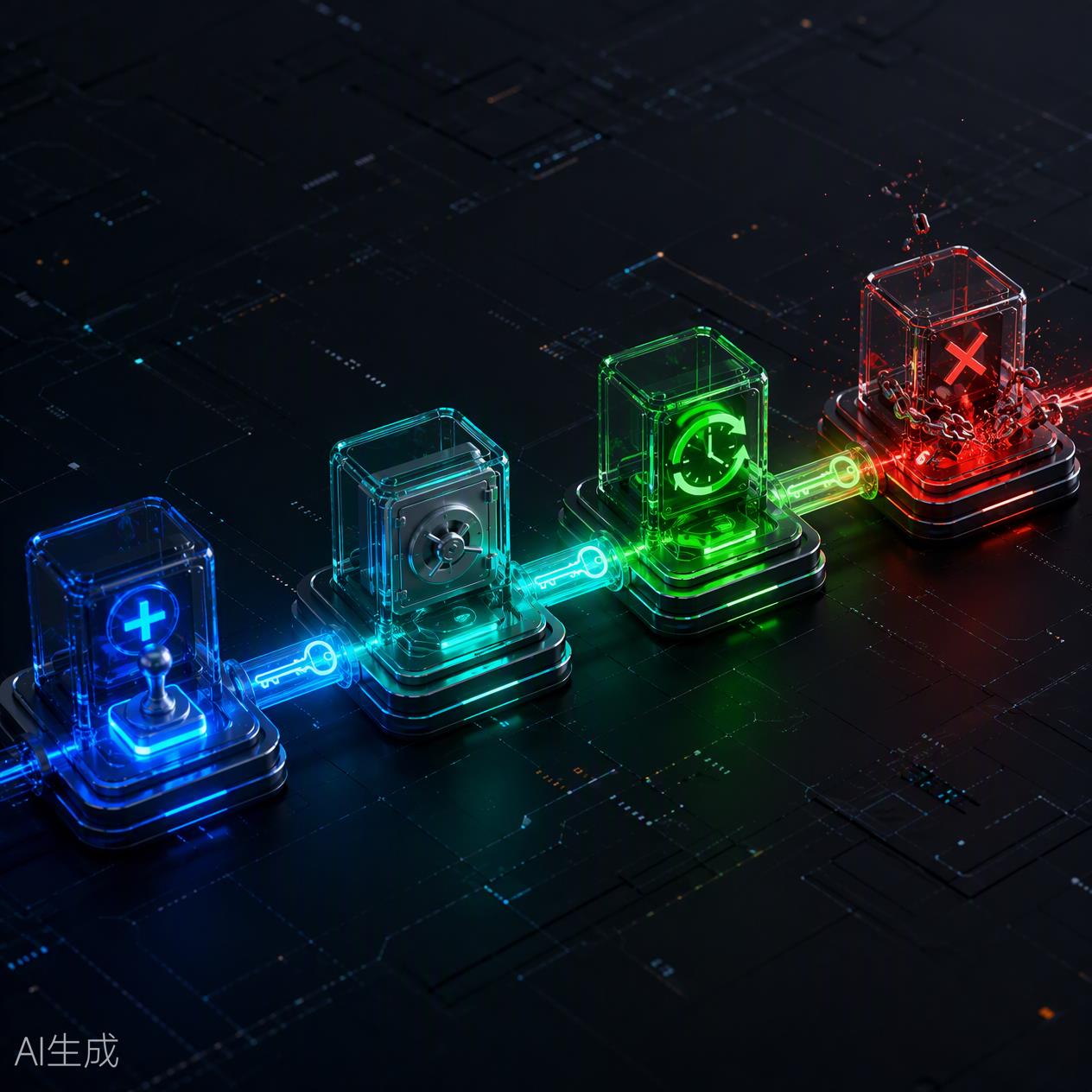 密鑰全生命周期分通道管理的 3D 科技圖